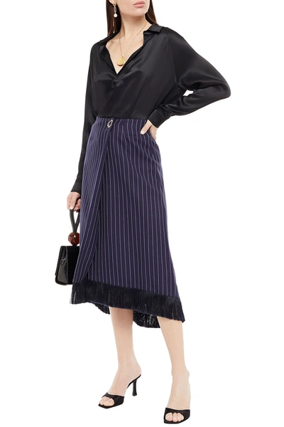 Mother Of Pearl Hattie Fringe-trimmed Pinstriped Organic Cotton-twill Midi Wrap Skirt In Indigo