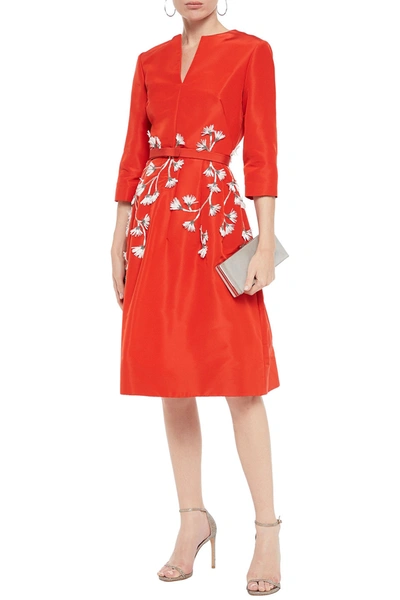 Oscar De La Renta Floral-appliquéd Silk-faille Dress In Red