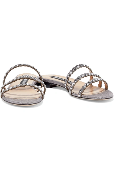 Sergio Rossi Crystal-embellished Metallic Cracked-leather Slides In Silver