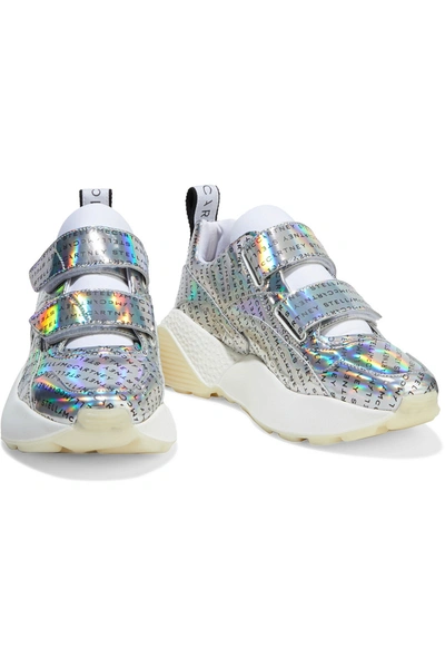 Stella Mccartney Eclypse Logo-print Holographic Faux Leather Exaggerated-sole Trainers In Silver