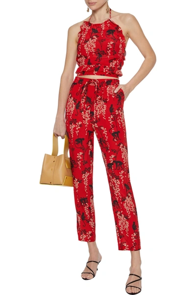 Red Valentino Cropped Printed Silk Crepe De Chine Slim-leg Trousers In Red