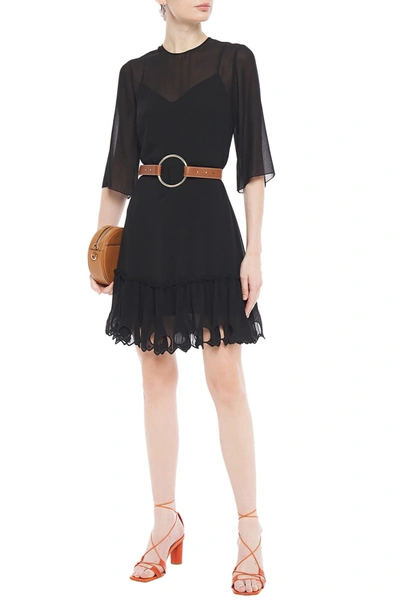 See By Chloé Plissé Broderie Anglaise-paneled Georgette Dress In Black