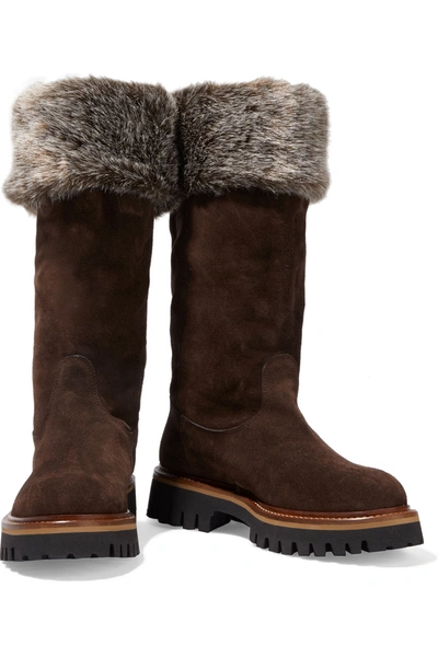 Sergio Rossi Shearling-trimmed Suede Boots In Brown