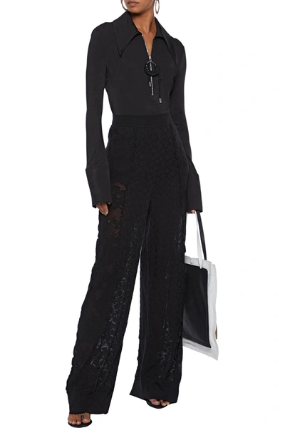 Stella Mccartney Ruffle-trimmed Cotton-blend Lace Wide-leg Trousers In Black