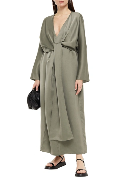 The Row Clementine Tie-front Cupro Maxi Dress In Grey Green