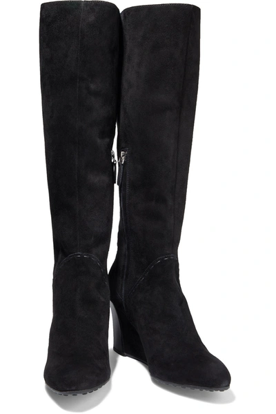 Tod's Suede Wedge Knee Boots In Black