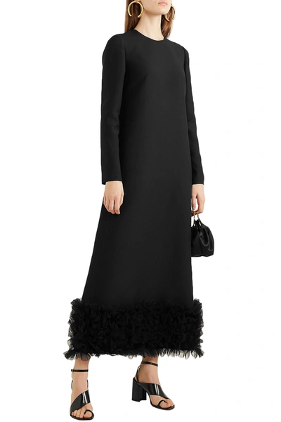 Valentino Ruffled Tulle-trimmed Wool And Silk-blend Crepe Maxi Dress In Black