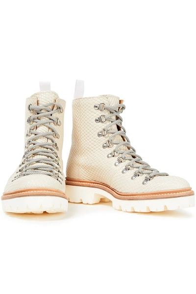 Grenson Nanette Snake-effect Leather Combat Boots In Ecru