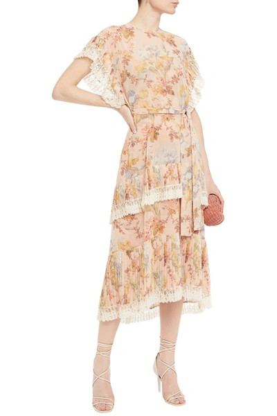 Zimmermann Espionage Lace-trimmed Pleated Floral-print Chiffon Midi Dress In Peach