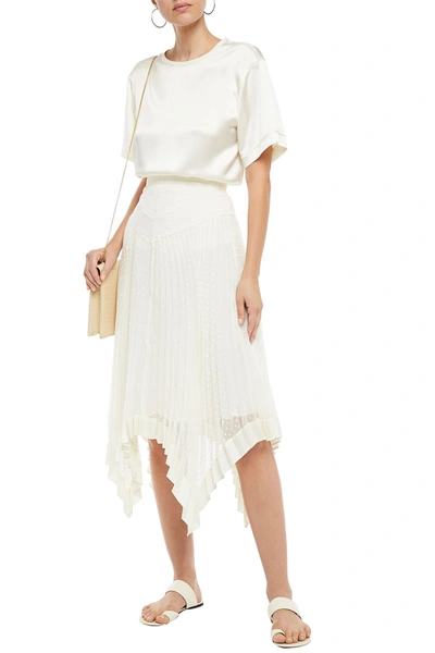 Zimmermann Espionage Asymmetric Lace-paneled Pleated Swiss-dot Chiffon Skirt In Off-white