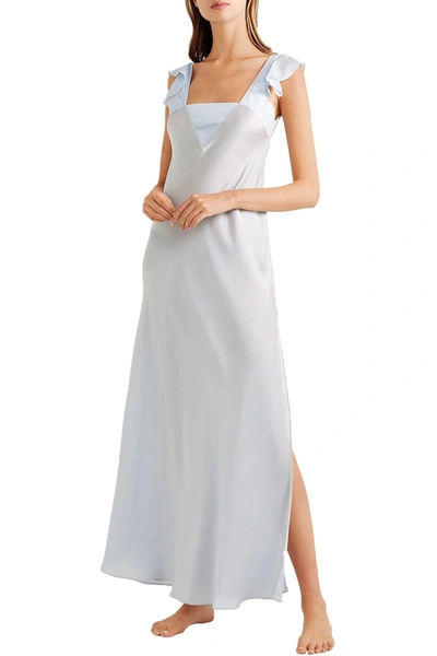 Three Graces London Celia Ruffled Voile-trimmed Silk-charmeuse Nightdress In Sky Blue
