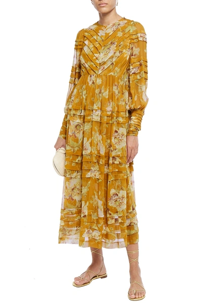 Zimmermann Sabotage Pintucked Floral-print Silk-chiffon Midi Dress In Mustard