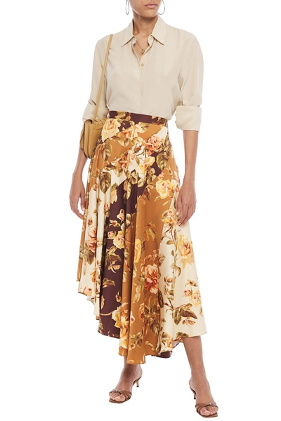 Zimmermann Resistance Spliced Asymmetric Floral-print Stretch-silk Twill Midi Skirt In Light Brown