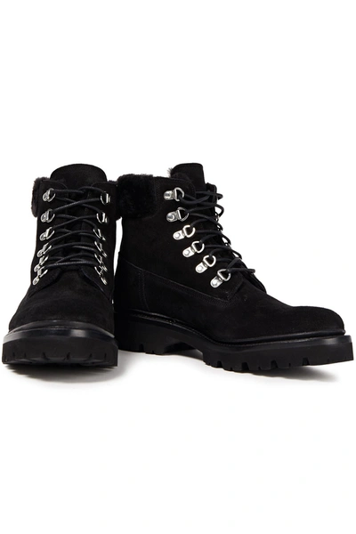 Grenson Brooke Shearling-lined Suede Combat Boots In Black