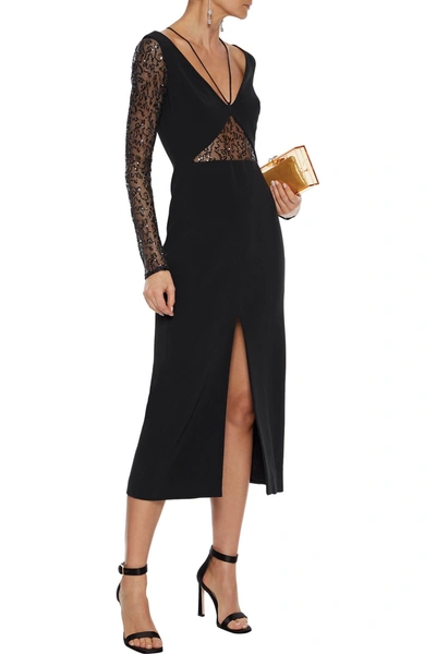 David Koma Sequin-embellished Mesh-paneled Crepe Midi Dress In Black