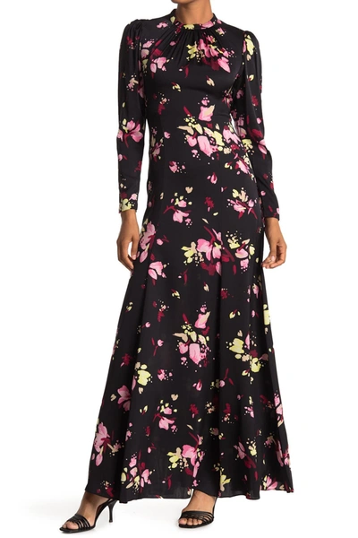 A.l.c Gathered Floral-print Silk-blend Satin Maxi Dress In Black/pink/yuzu