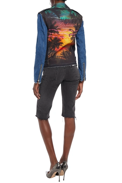 Balmain Frayed Printed Denim Biker Jacket In Mid Denim