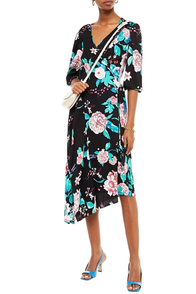 Diane Von Furstenberg Audrina Asymmetric Floral-print Jacquard Midi Wrap  Dress In Black | ModeSens