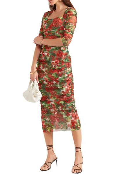 Dolce & Gabbana Ruched Floral-print Cotton-tulle Midi Dress In Multi