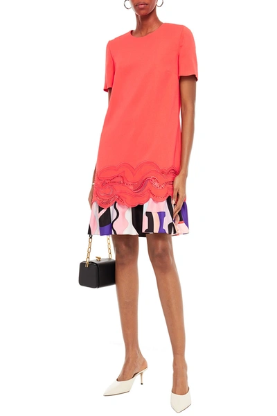 Emilio Pucci Printed Satin-twill And Embroidered Crepe Mini Dress In Papaya