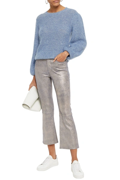 Frame Metallic Brushed-leather Kick-flare Trousers In Blue