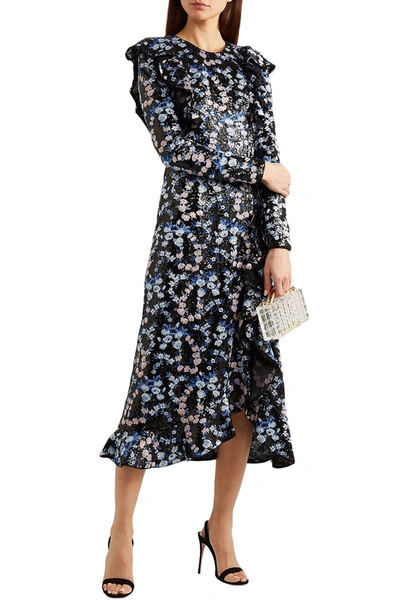 Giambattista Valli Ruffled Embroidered Sequined Organza Midi Dress In Black