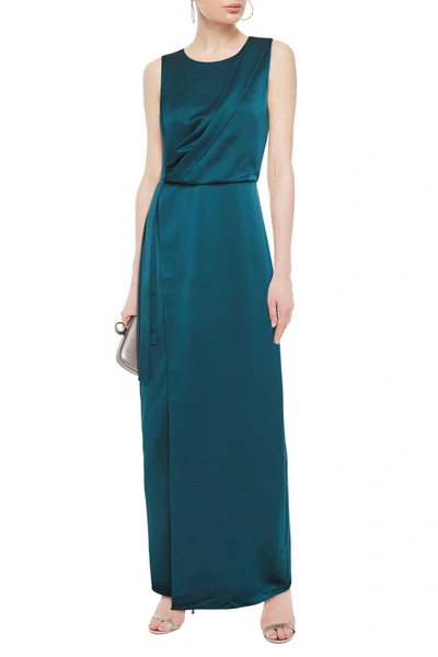 Halston Wrap-effect Draped Hammered-satin Gown In Petrol