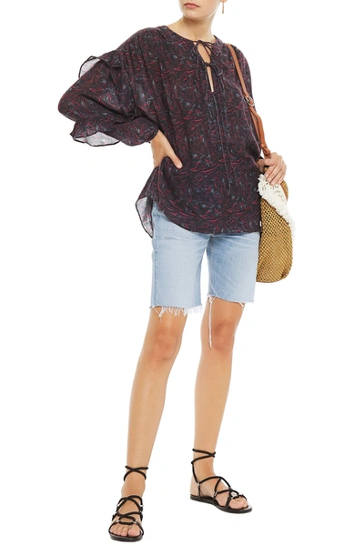 Iro Lace-up Ruffled Floral-print Wool-twill Blouse In Black