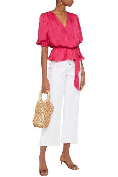 Joie Macie Wrap-effect Gathered Floral-print Satin Blouse In Fuchsia