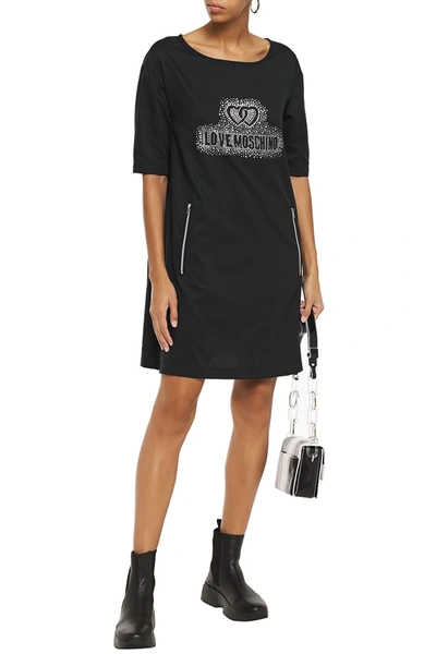 Love Moschino Crystal-embellished Cotton-blend Poplin Mini Dress In Black