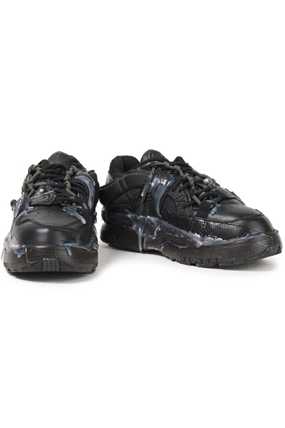 Maison Margiela Fusion Distressed Mesh-trimmed Painted Leather Sneakers In Black