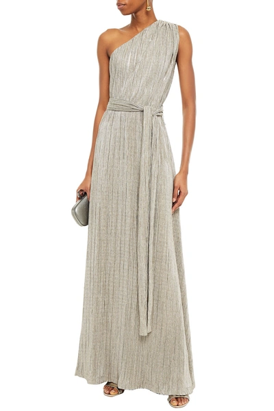 melissa odabash one shoulder dress Melissa Odabash One-shoulder Belted Ruched Metallic Knitted Maxi Dress In  Silver