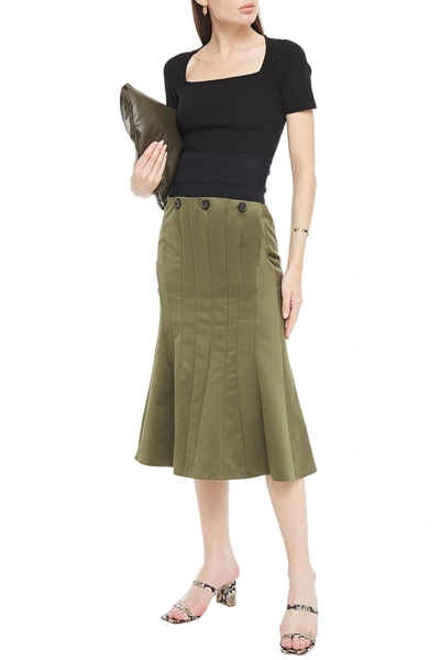 Marni Fluted Ribbed-knit And Cotton Midi Skirt In Green