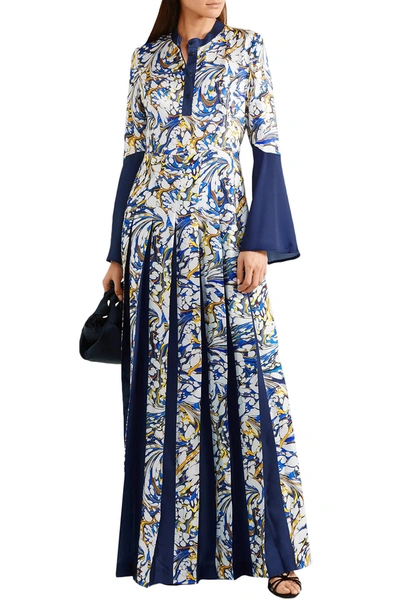Mary Katrantzou Desmine Pleated Printed Satin-twill Maxi Dress In Blue