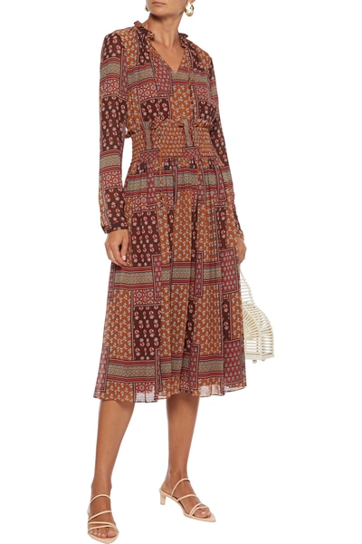 Mikael Aghal Shirred Printed Crepe De Chine Midi Dress In Brick