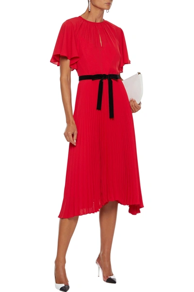 Mikael Aghal Asymmetric Belted Pleated Crepe De Chine Dress In Red
