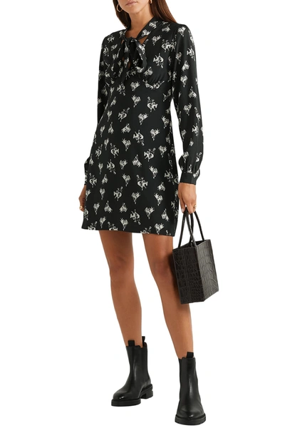 Re/done 60s Pussy-bow Printed Silk-crepe Mini Dress In Black
