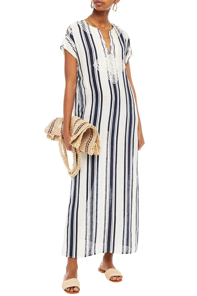Tory Burch Awning Embroidered Striped Linen Kaftan In Navy | ModeSens
