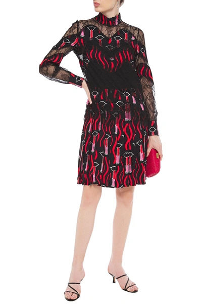 Valentino Printed Crepe, Chantilly Lace And Point D'esprit Dress In Black