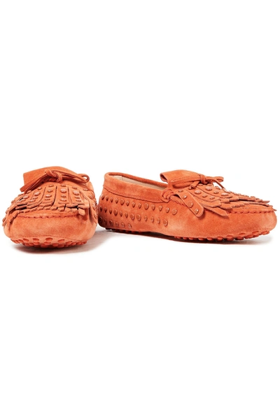 Tod's Fringed Studded Suede Loafers In Orange