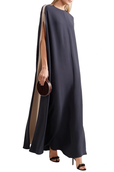 Valentino Cape-effect Two-tone Silk-blend Maxi Dress In Navy