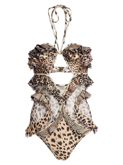 Zimmermann Allia Circular Frill Mesh-paneled Leopard-print Halterneck Swimsuit In Spliced