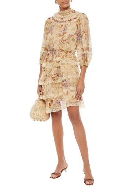 Zimmermann Asymmetric Lace-trimmed Floral-print Silk-chiffon Dress In Sand