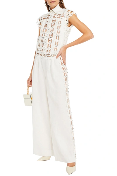 Zimmermann Moncur Studded Broderie Anglaise Cotton And Linen Wide-leg Jumpsuit In Off-white