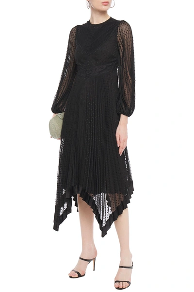 Zimmermann Espionage Lace-paneled Pleated Fil Coupé Chiffon Midi Dress In Black