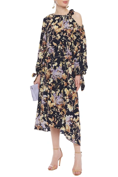 Zimmermann Cold-shoulder Floral-print Stretch-silk Midi Dress In Navy