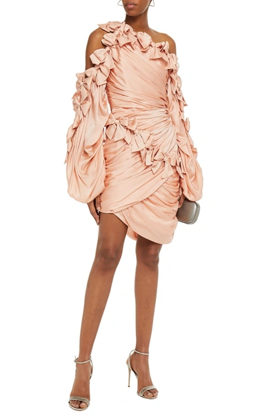 Zimmermann Sabotage Bow Asymmetric Cold-shoulder Ruched Silk-satin Mini Dress In Peach