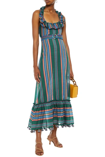 Zimmermann Ruffled Striped Cotton Halterneck Maxi Dress In Forest Green |  ModeSens