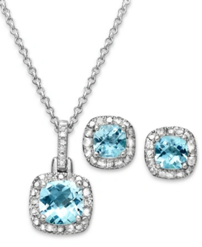 Macy's Blue Topaz (3-1/10 Ct. T.w.) & Diamond Accent Sterling Silver 18" Pendant Necklace And Stud Earrings