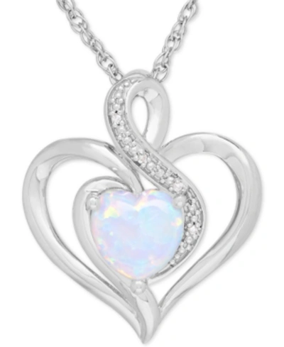 Macy's Kids' Birthstone Gemstone & Diamond Accent Heart Pendant Necklace In Sterling Silver In Opal